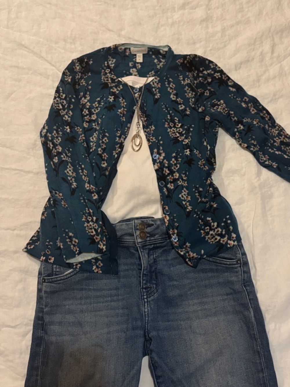 Garnett Hill Merino Wool Teal Floral Button-Up Cardigan